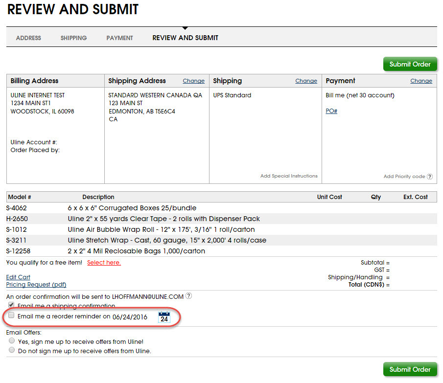ULINE FAQ: Order Reminders